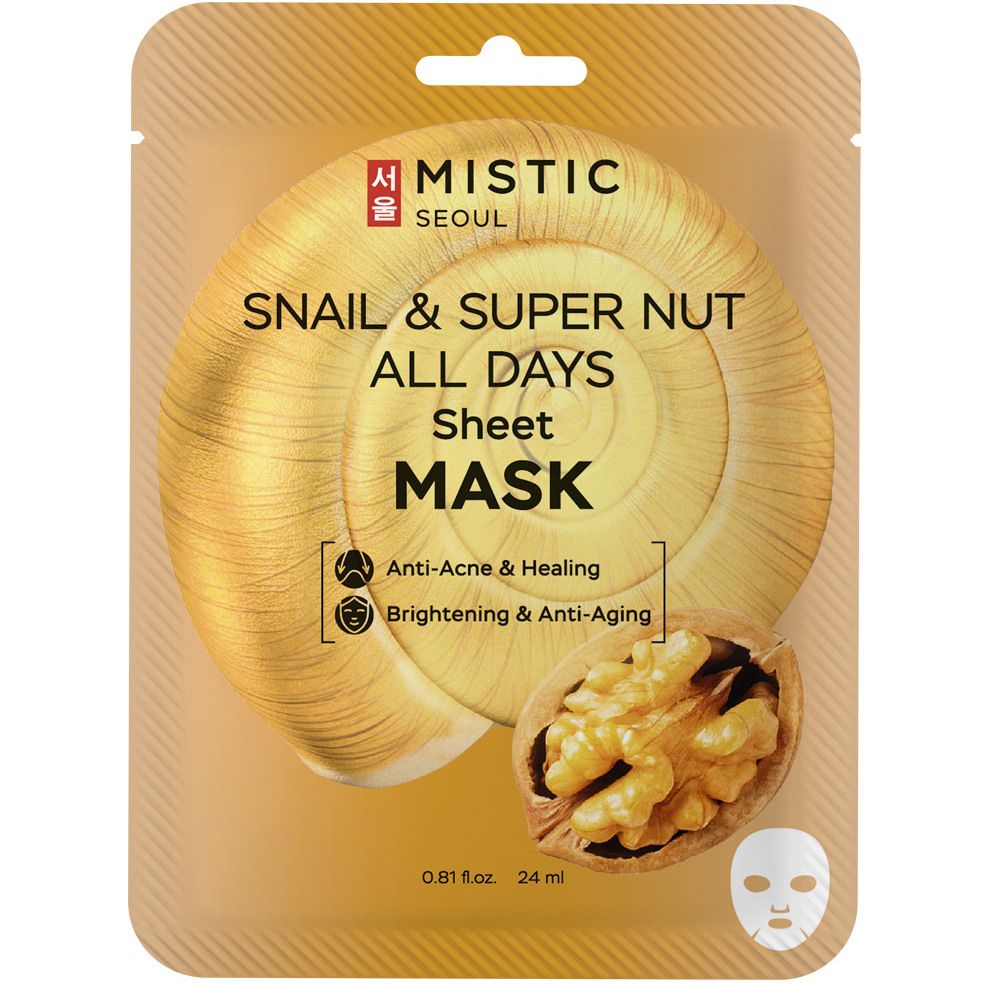 Тканевая маска для лица с муцином улитки и экстрактом ореха MISTIC Snail &  Super Nut ALL DAYS Sheet Mask 24мл MISTIC - купить с доставкой по низкой  цене в интернет-магазине BeautyVit