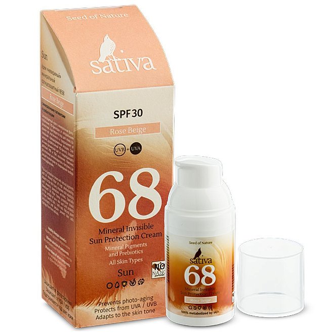 Крем невидимый минеральный солнцезащитный Sativa №68 Rose Beige, 30 мл
