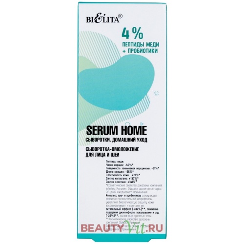 Сыворотка-омоложение для лица и шеи Serum Home 4% пептиды меди+пробиотики 30мл